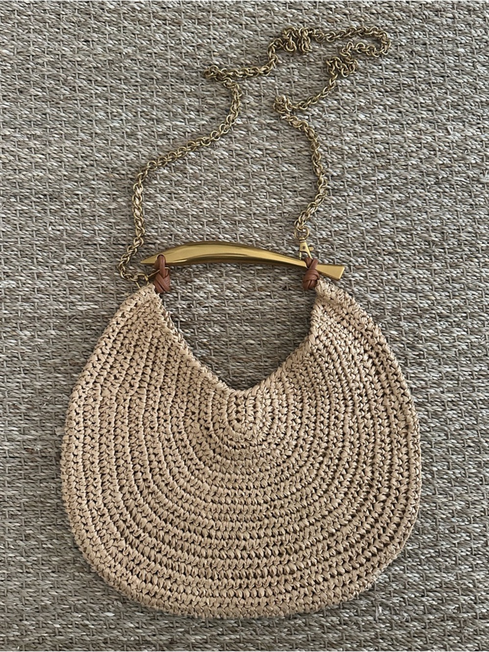 Woven Straw Hobo Bag with Gold Chain - Beige